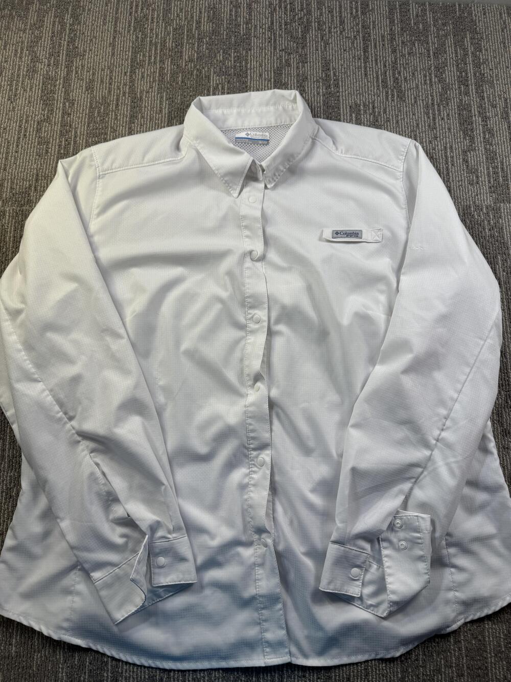 Columbia Shirt Womens 1X Plus White Long Sleeve Snap Front Lightweight Casual